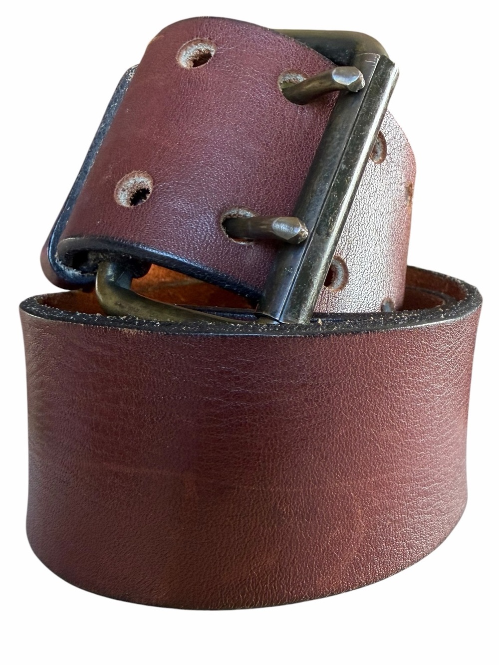 Vintage Brown Wide Leather Belt Brass Double Prong Buckle - Picture 2 of 6